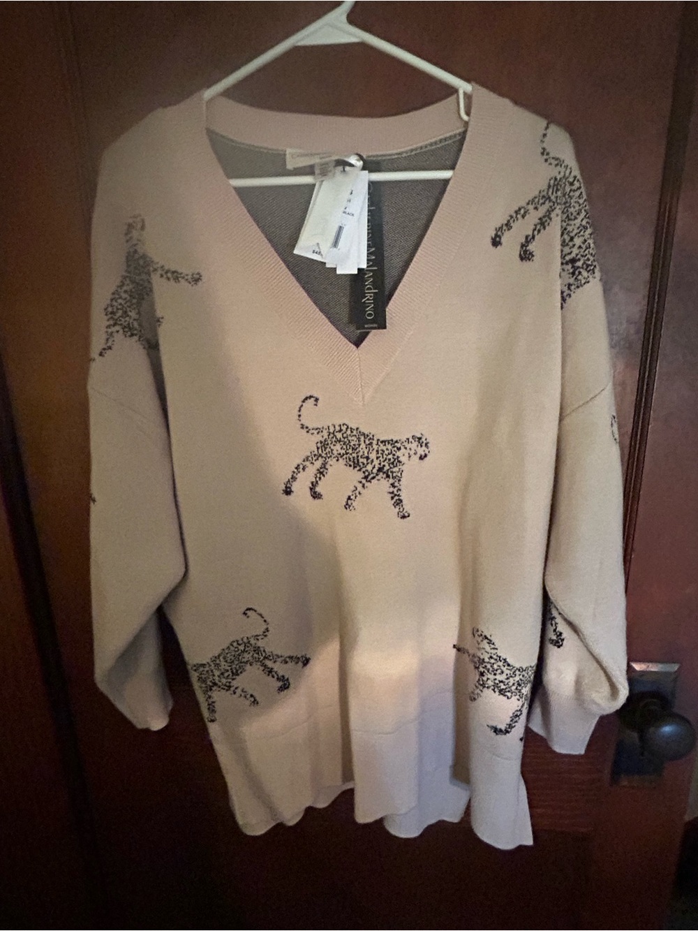 Sandro Beige V-Neck Sweater with Black Leopard Motifs